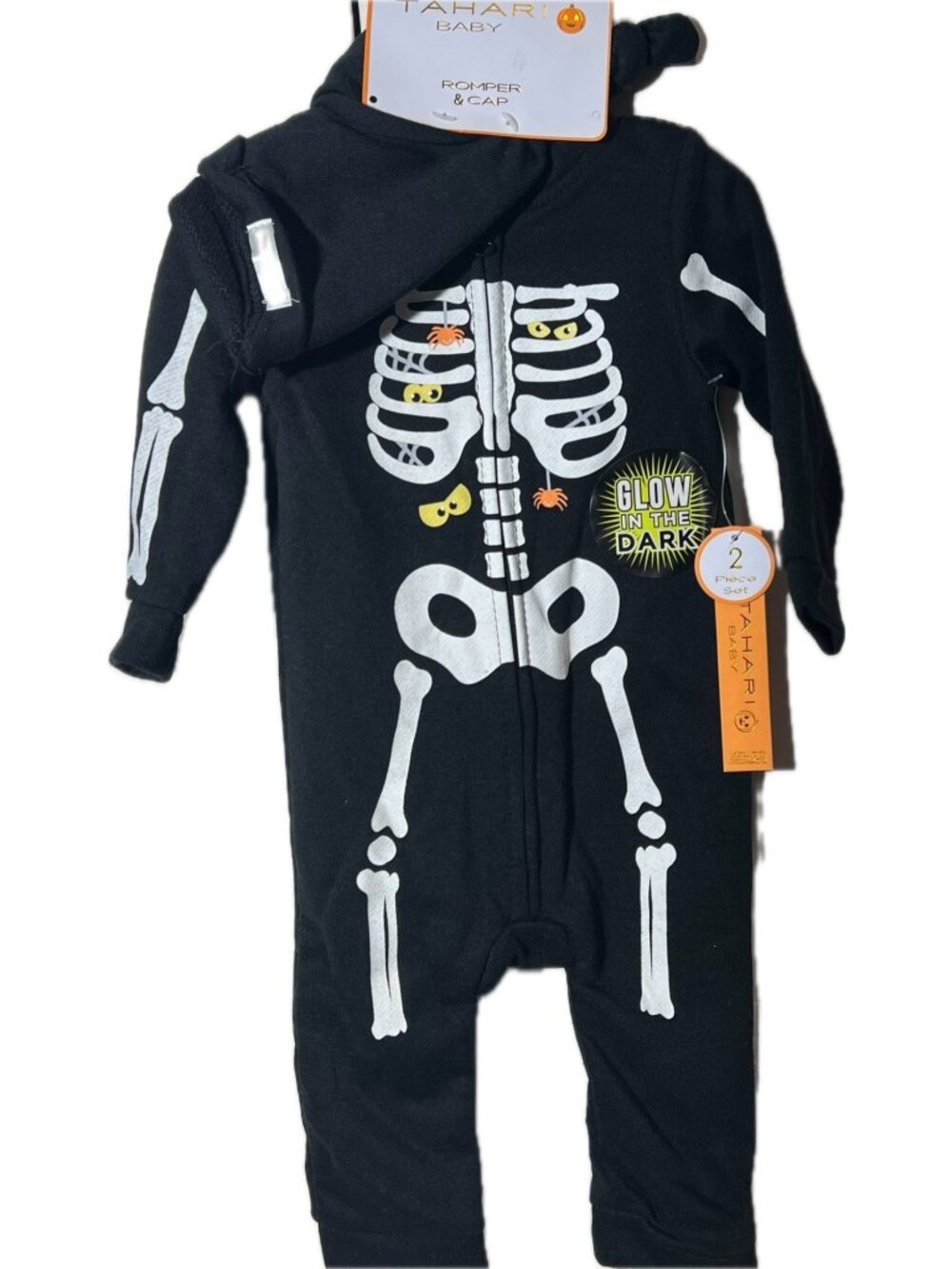 Tahari Baby 6m 9m NWT Skeleton Halloween romper hat 2pc set Glow in the Dark